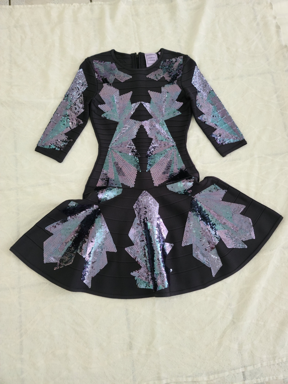 Herve Leger Black Dress with Iridescent Lavender-Green Sequin Accents